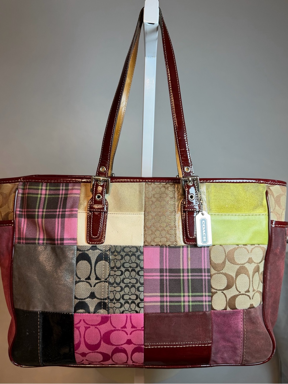 Vintage Y2K Coach Patchwork Tote in Pink, Brown, Yellow & Green